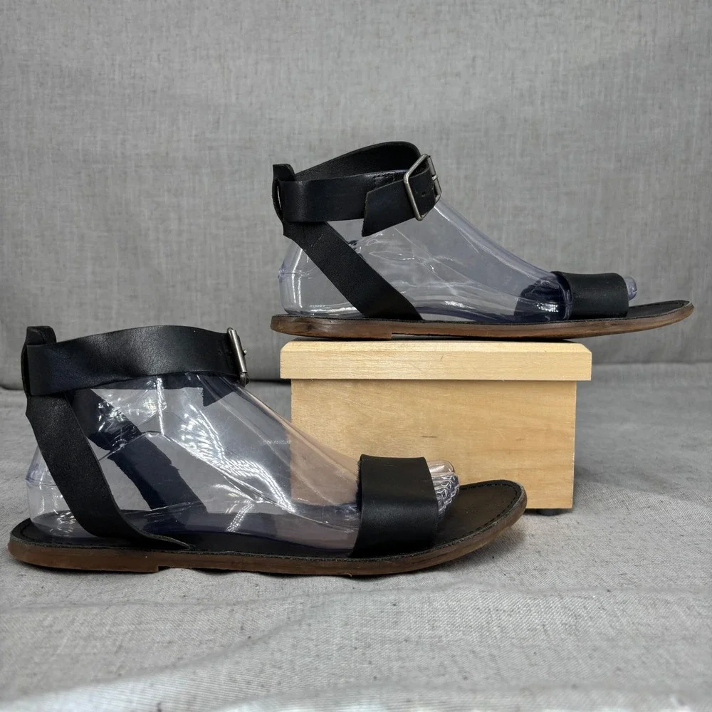 Madewell The Boardwalk Ankle Wrap Sandal Black Leather Flat Ankle Women's Size 9